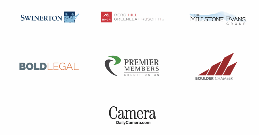 Swinerton, Berg Hill Greenleaf Ruscitti, Millstone Evans Group, Bold Legal, Premier Members Credit Union, Boulder Chamber, Daily Camera logos