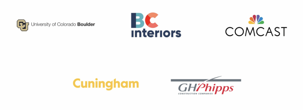 CU Boulder, BC Interiors, Comcast, Cunningham, and GH Phipps logos
