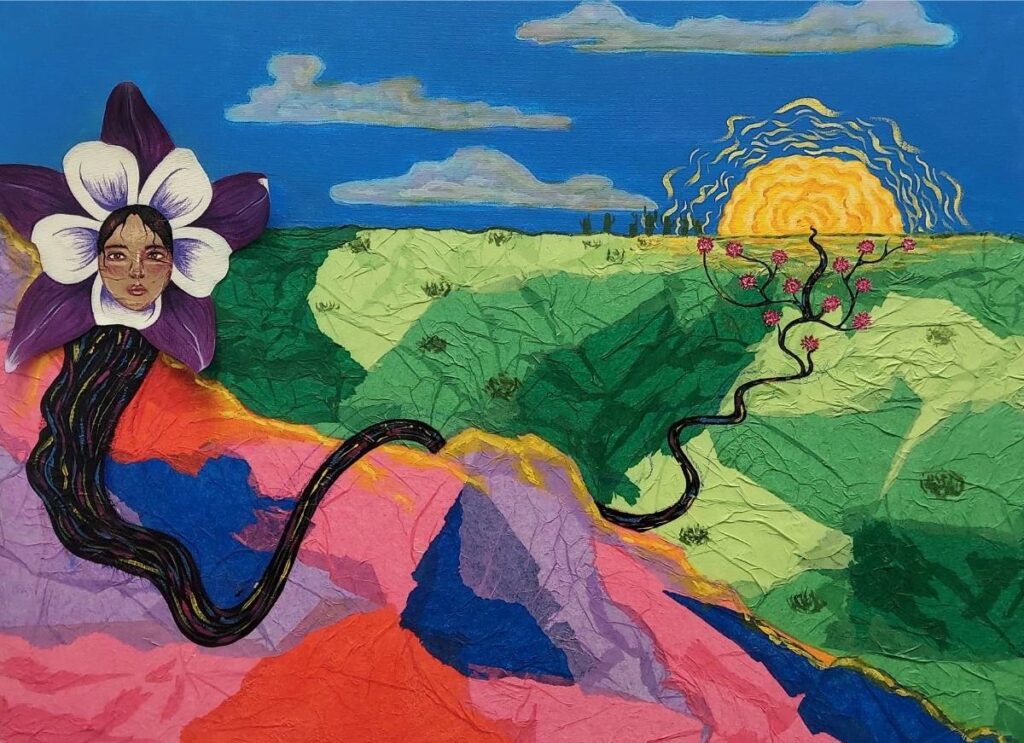 colorful landscape collage with a woman's head coming out of a flower