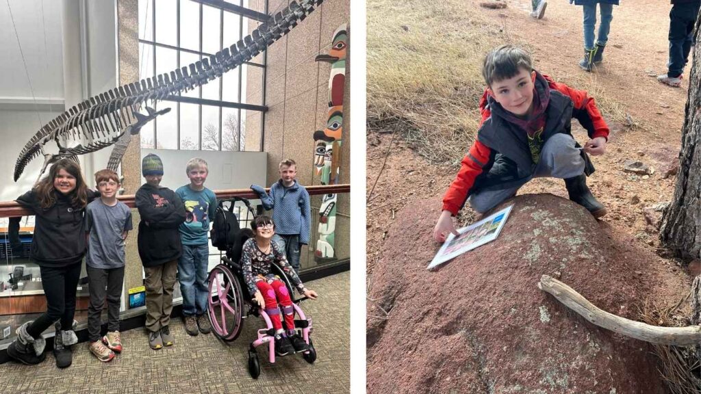 Two photos of kids smiling on field trips at local science museums and labs