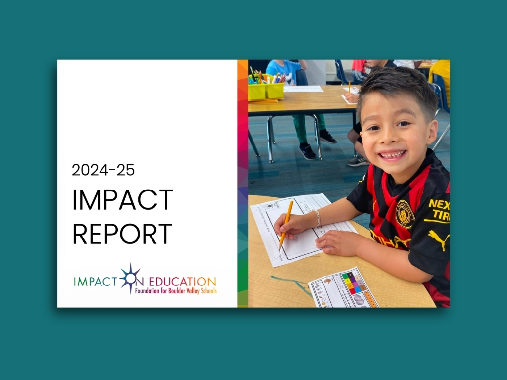 cover page of impact report with child smiling at desk and writing