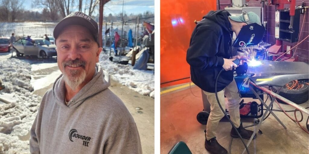Bill smiling on snowy day on left; Peter welding on right