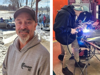 Apex teacher Bill smiling and BVSD alum Peter welding