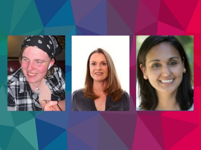 Brook, Polly, and Natasha headshots on a colorful background